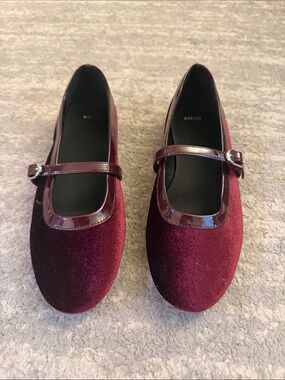 Mango Girls' Burgundy Velvet Mary Jane Flats